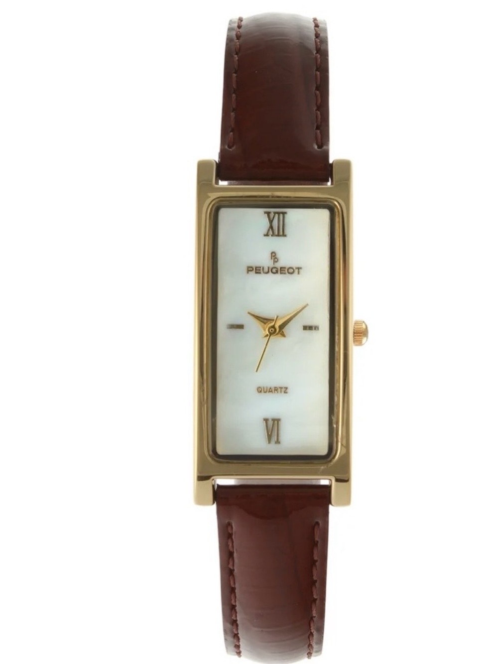 CLOSET CLOSING - Last Call! Peugeot Gold Tone Rectangular Watch with Brown Strap